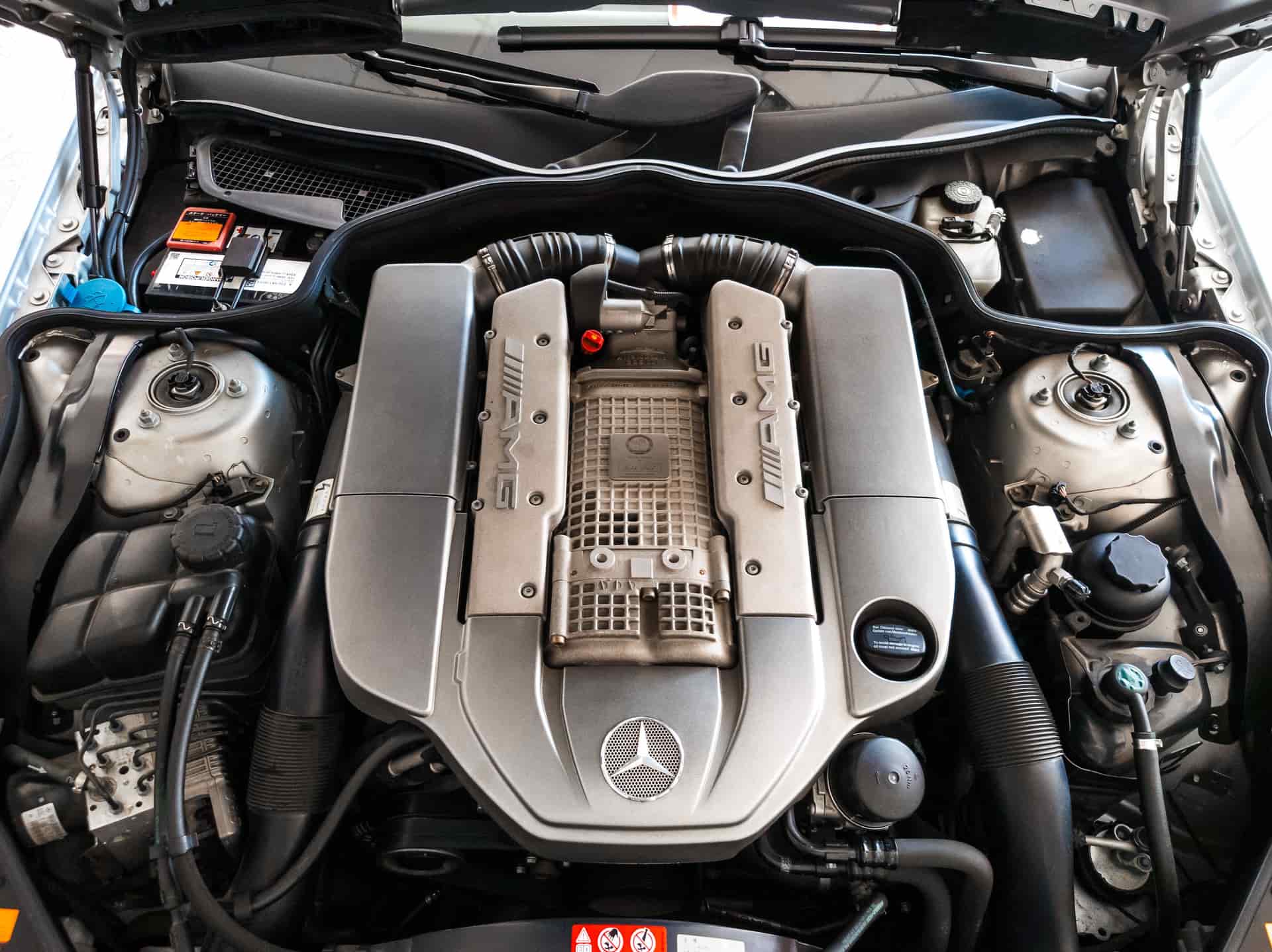 A car engine compartment seen close up