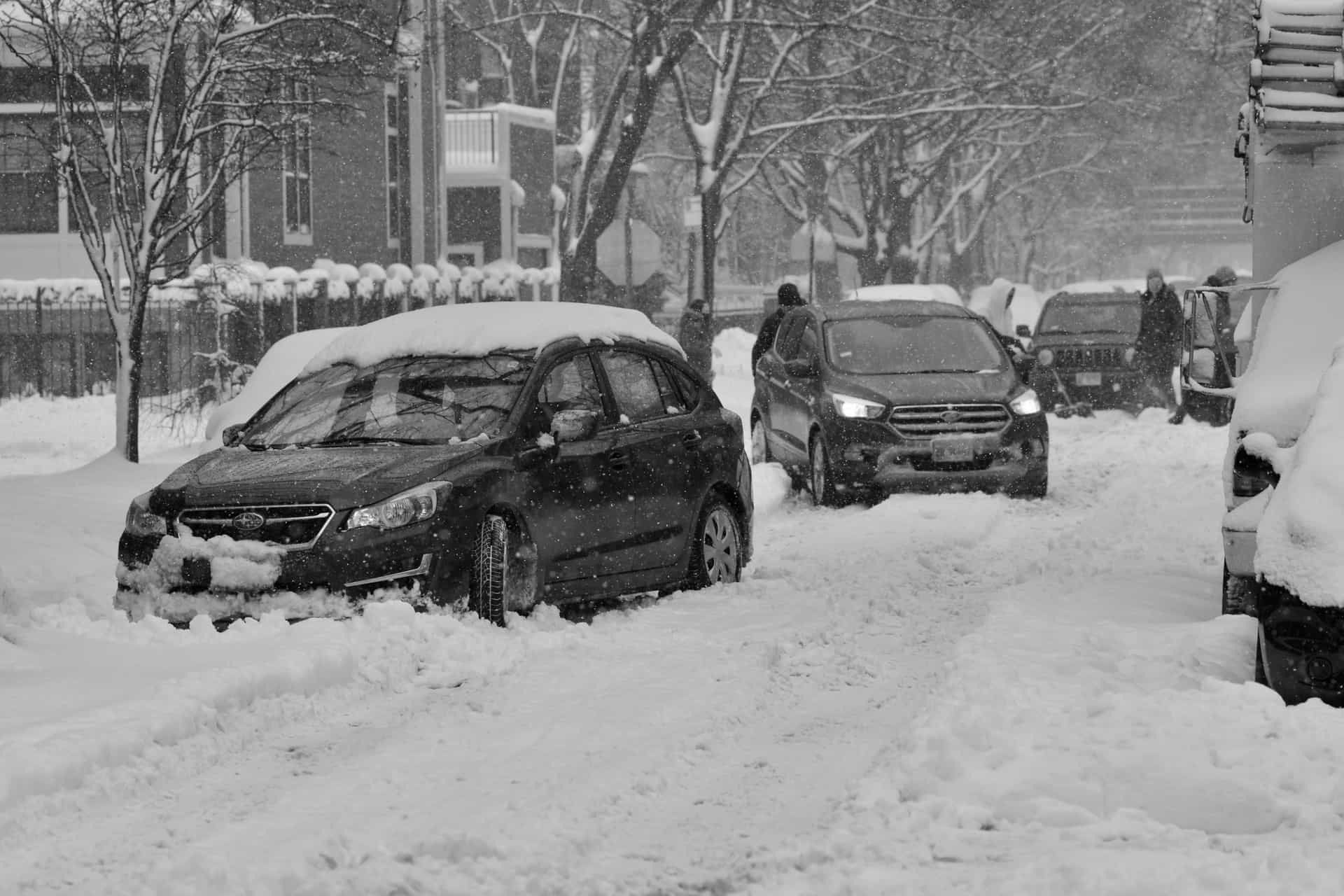 Snow-covered cars parked on a city street
