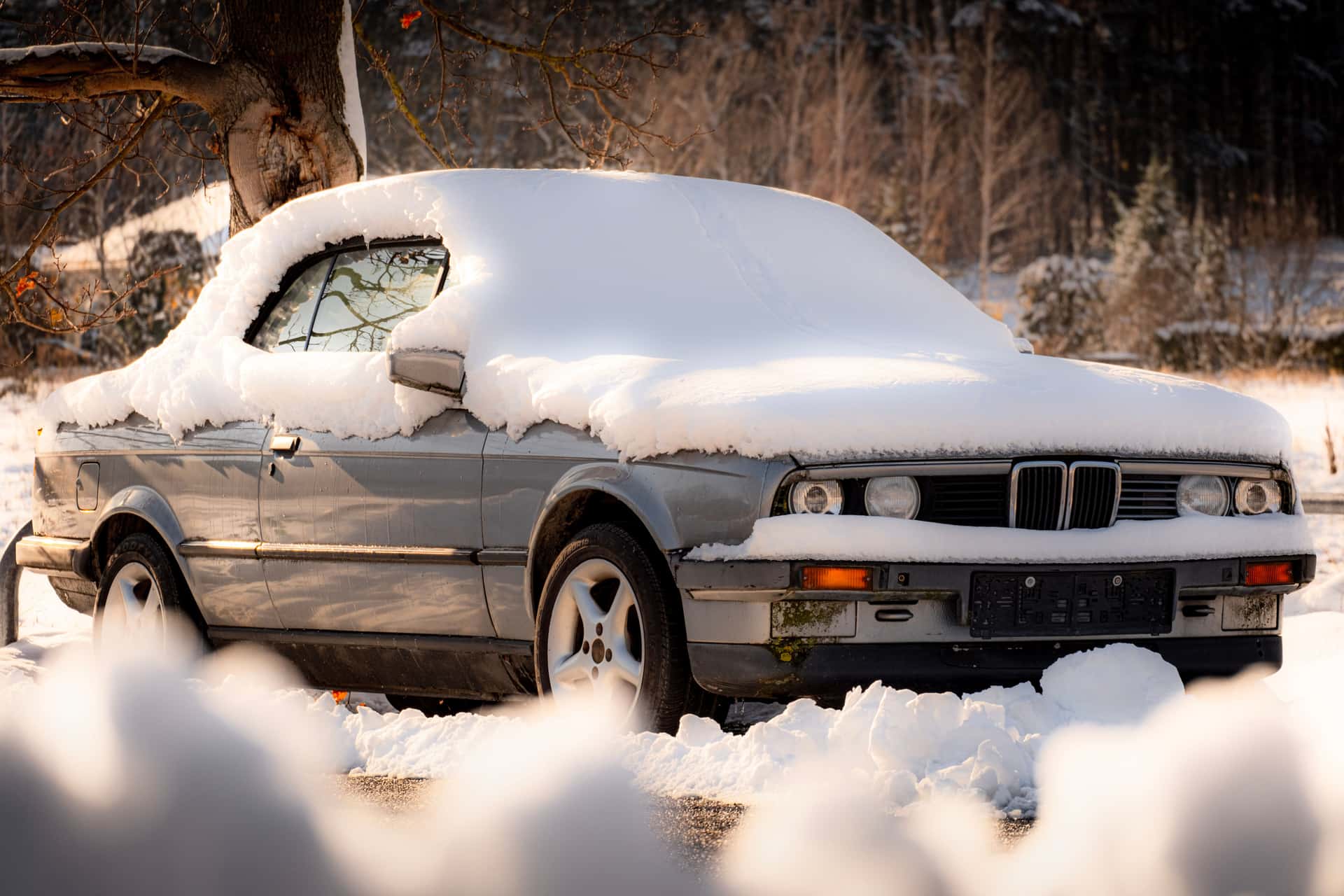 A car parked outside completely covered in fresh snow